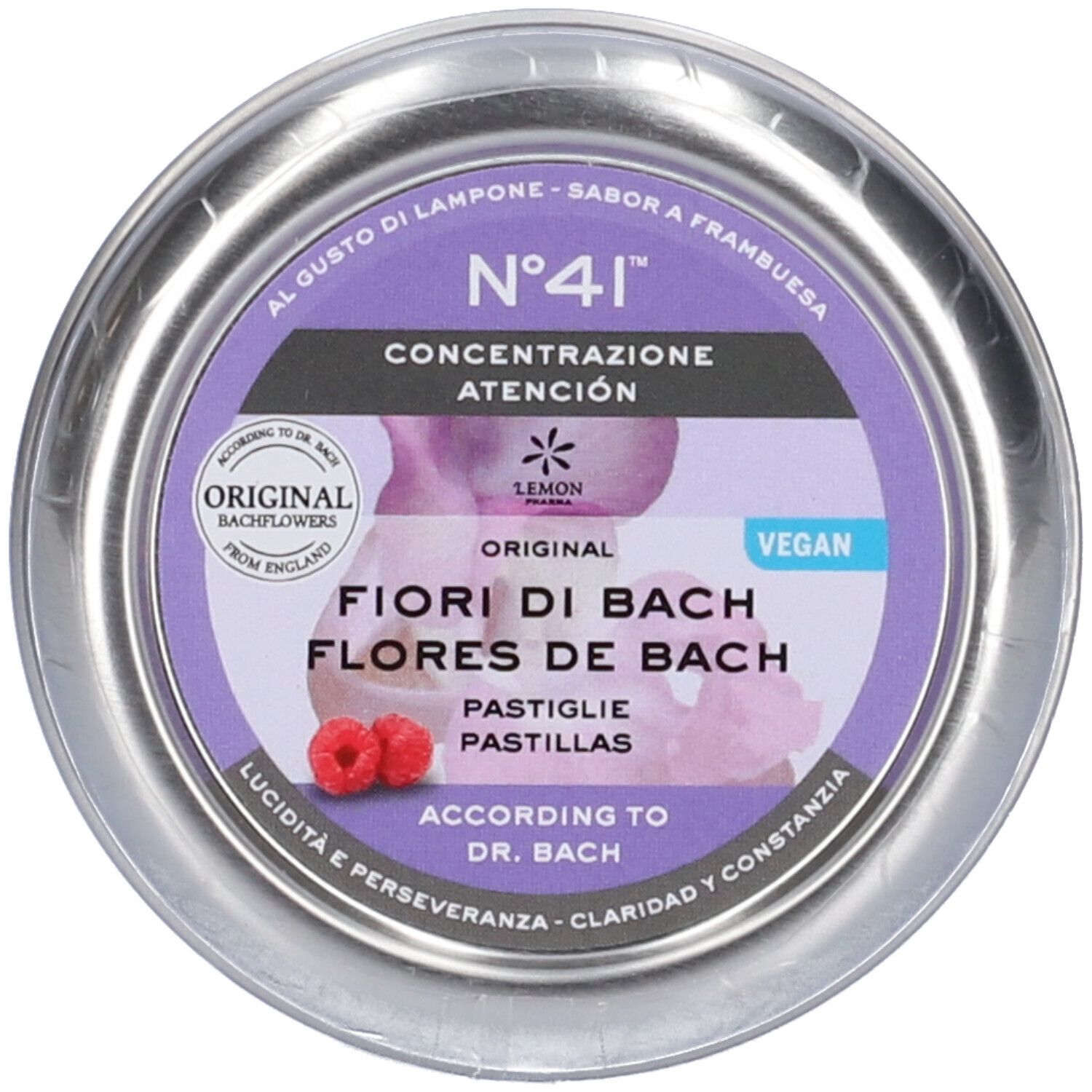 Scatola rotonda con etichetta viola. Testo: N°41, Concentrazione, Fiori di Bach, Pastiglie. Gusto lampone. Vegano.