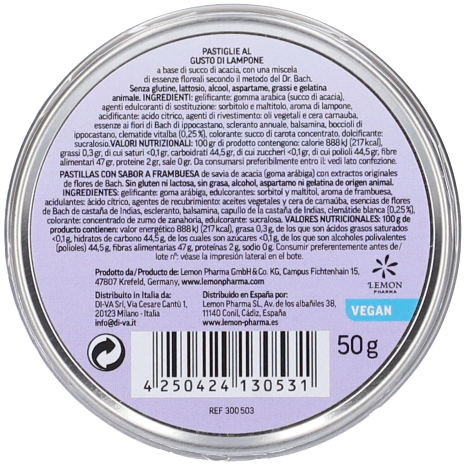 Scatola rotonda, retro con testo. Ingredienti, valori nutrizionali, informazioni produttore. Logo vegano. Contenuto: 50g.