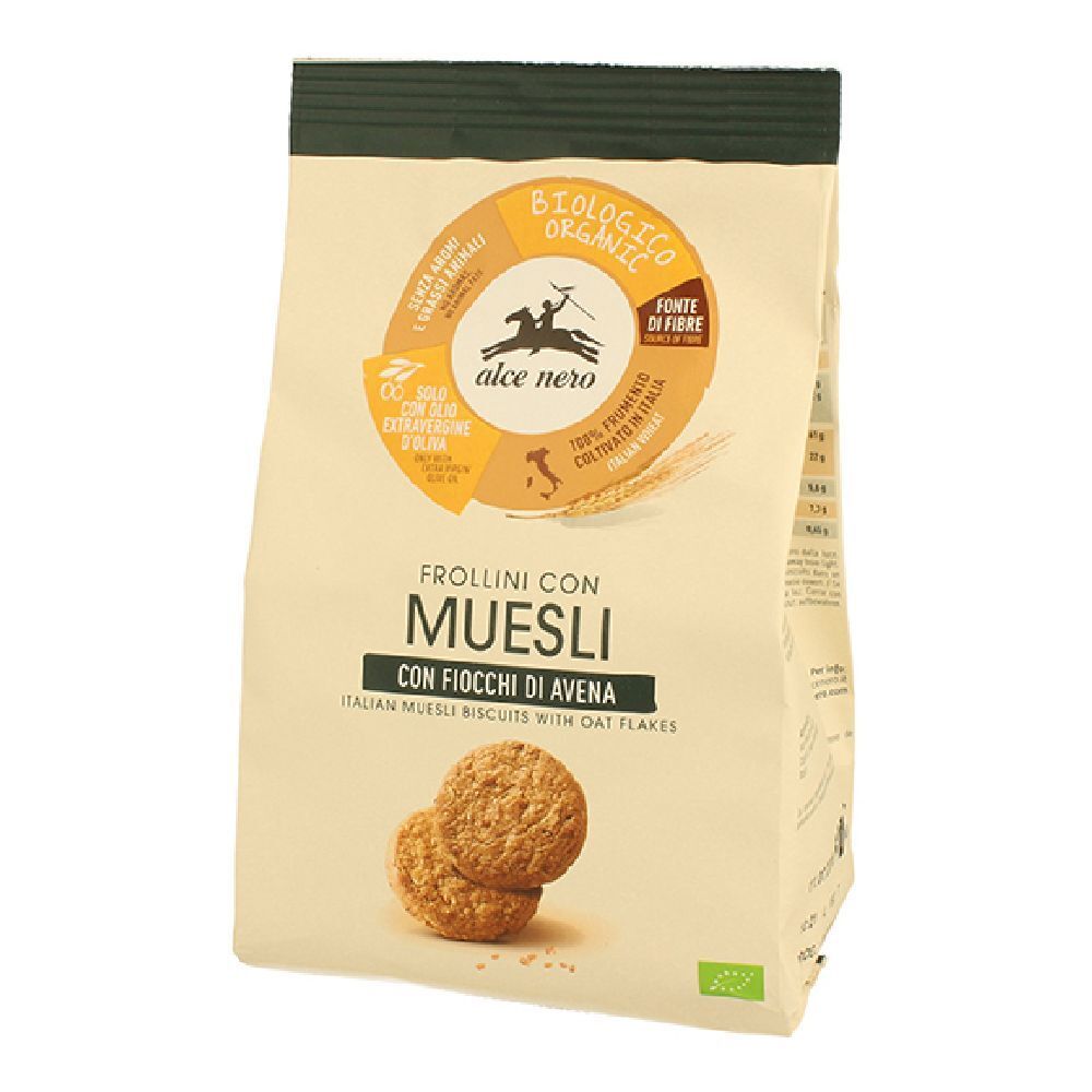 Confezione di Frollini Con Muesli. Due biscotti davanti alla confezione. Scritta: Frollini Con Muesli, biologico, Alce Nero.