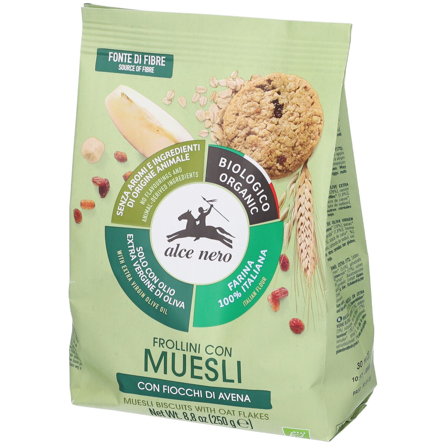 Confezione verde di Frollini Con Muesli. Scritta: Frollini Con Muesli, biologico, Alce Nero. Con fiocchi d'avena.