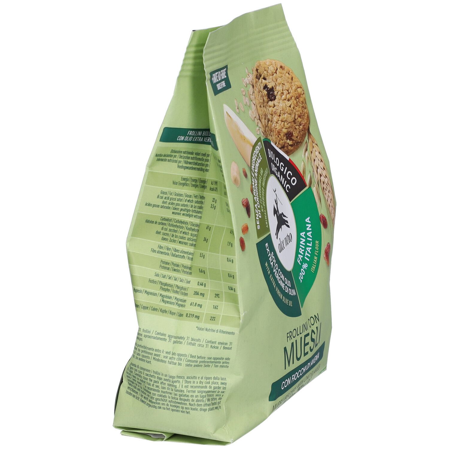 Confezione di Frollini Con Muesli. Vista laterale. Scritta: Frollini Con Muesli, biologico, Alce Nero. Con fiocchi d'avena.