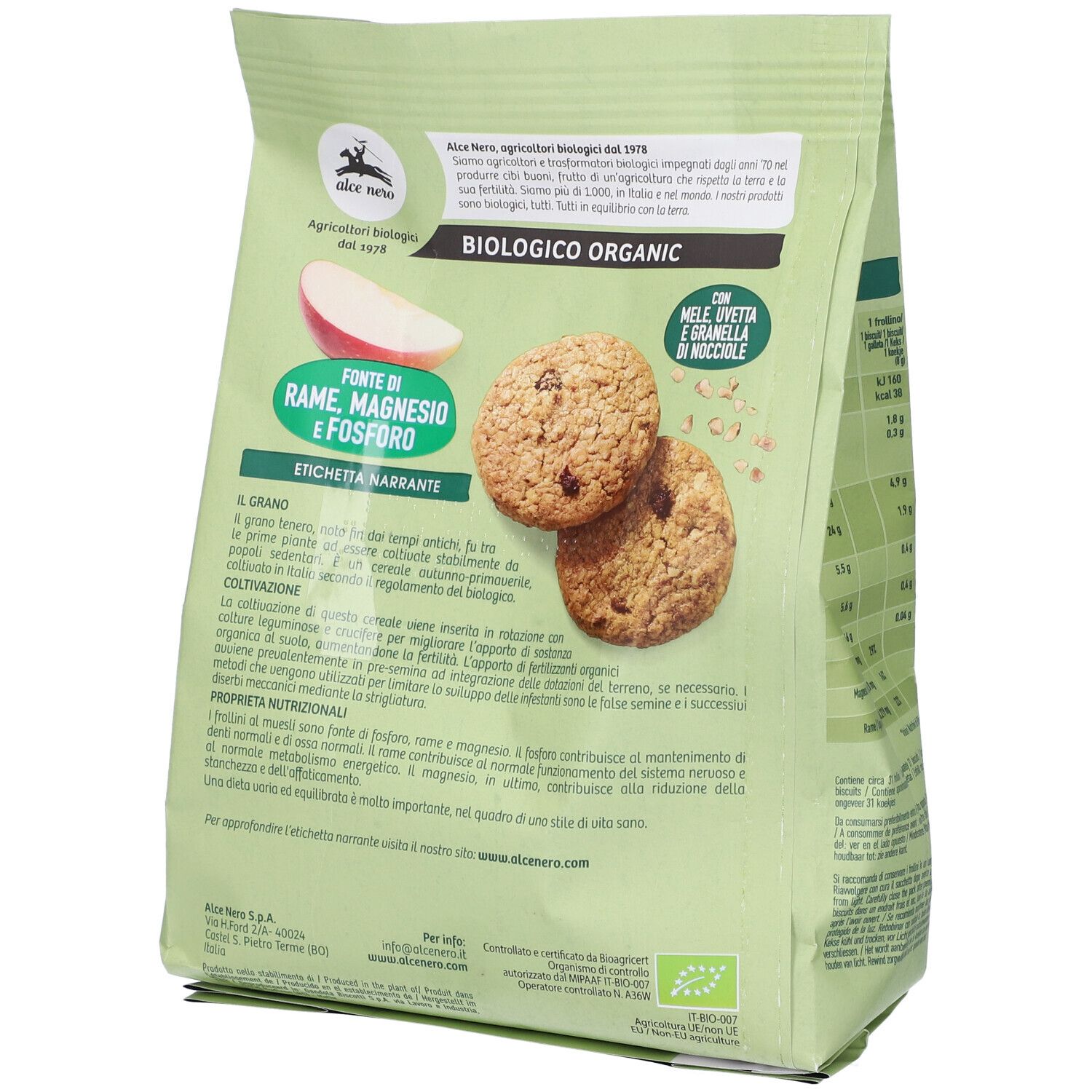 Retro della confezione di Frollini Con Muesli. Scritta: Frollini Con Muesli, biologico, Alce Nero. Con fiocchi d'avena.