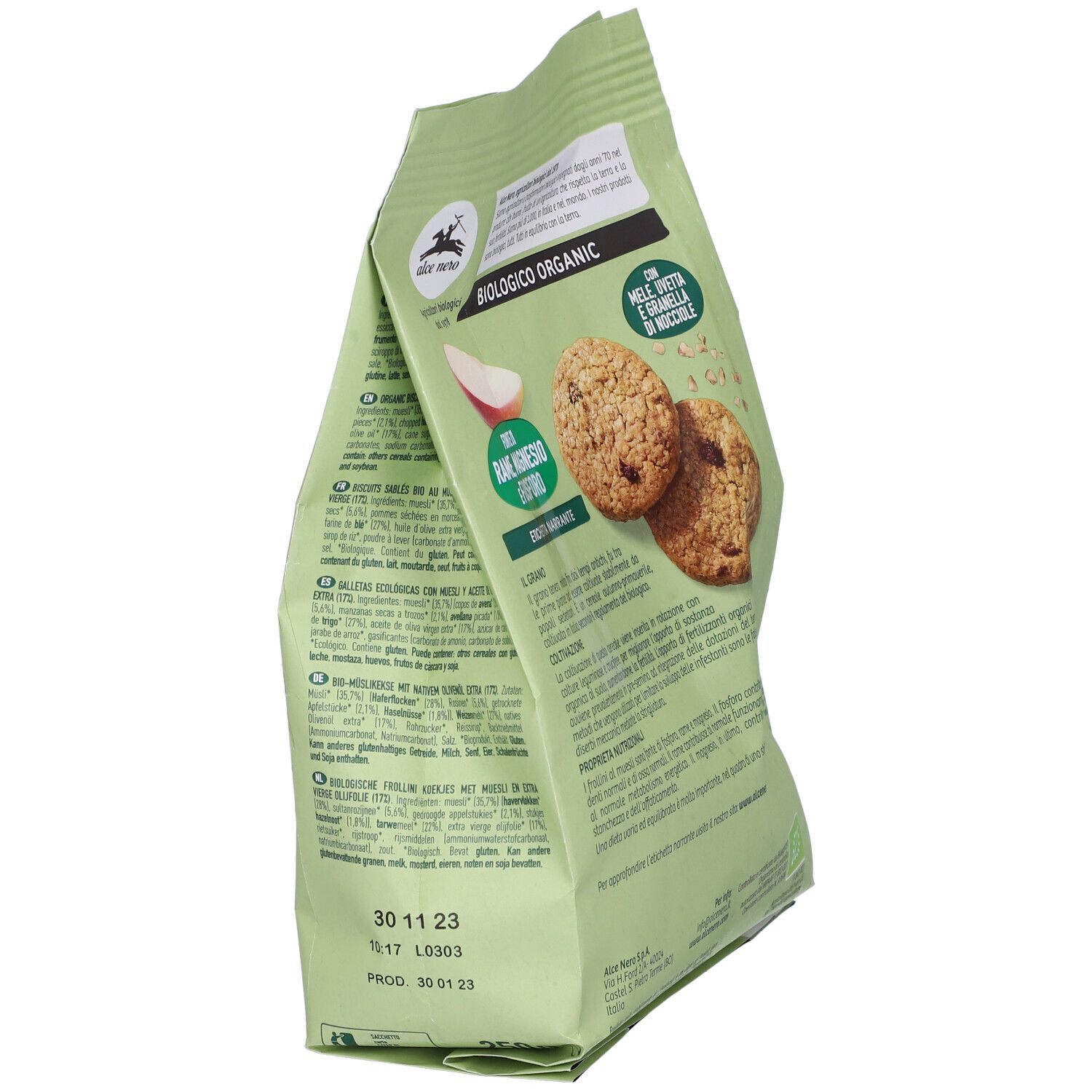 Confezione di Frollini Con Muesli. Vista laterale. Scritta: Frollini Con Muesli, biologico, Alce Nero. Con fiocchi d'avena.