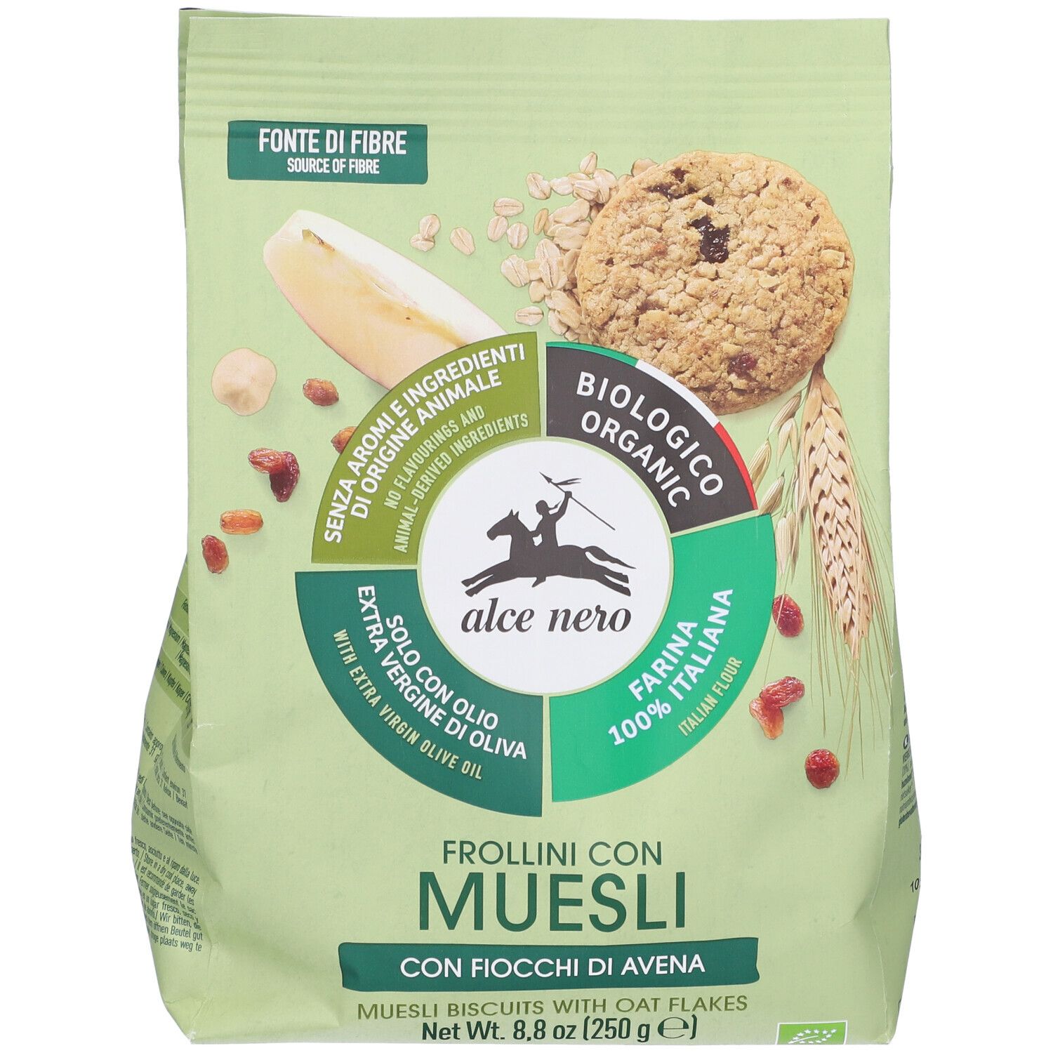 Confezione verde di Frollini Con Muesli. Scritta: Frollini Con Muesli, biologico, Alce Nero. Con fiocchi d'avena.
