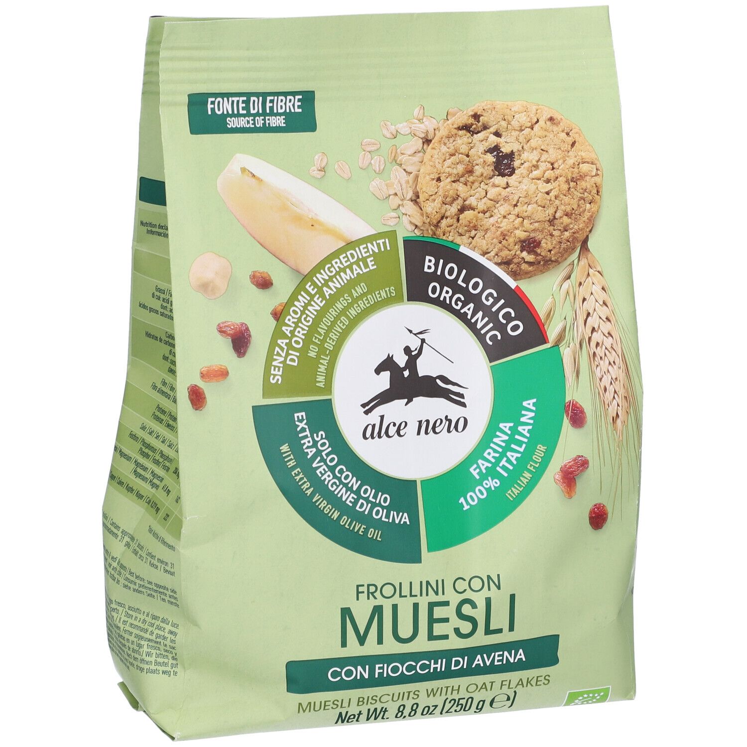 Confezione verde di Frollini Con Muesli. Scritta: Frollini Con Muesli, biologico, Alce Nero. Con fiocchi d'avena.