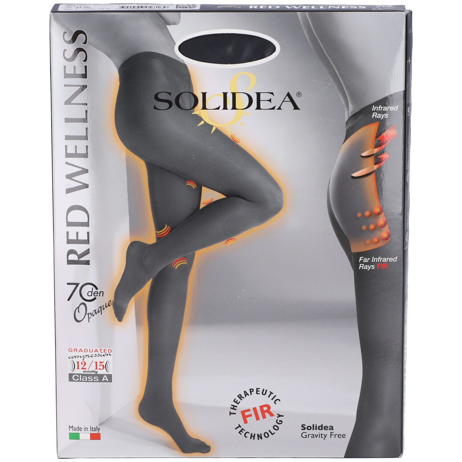SOLIDEA® Red Wellness 70 opaque Kompressionsstrumpfhose in Verpackung. Schwarz, mit Illustrationen und Produktinformationen.
