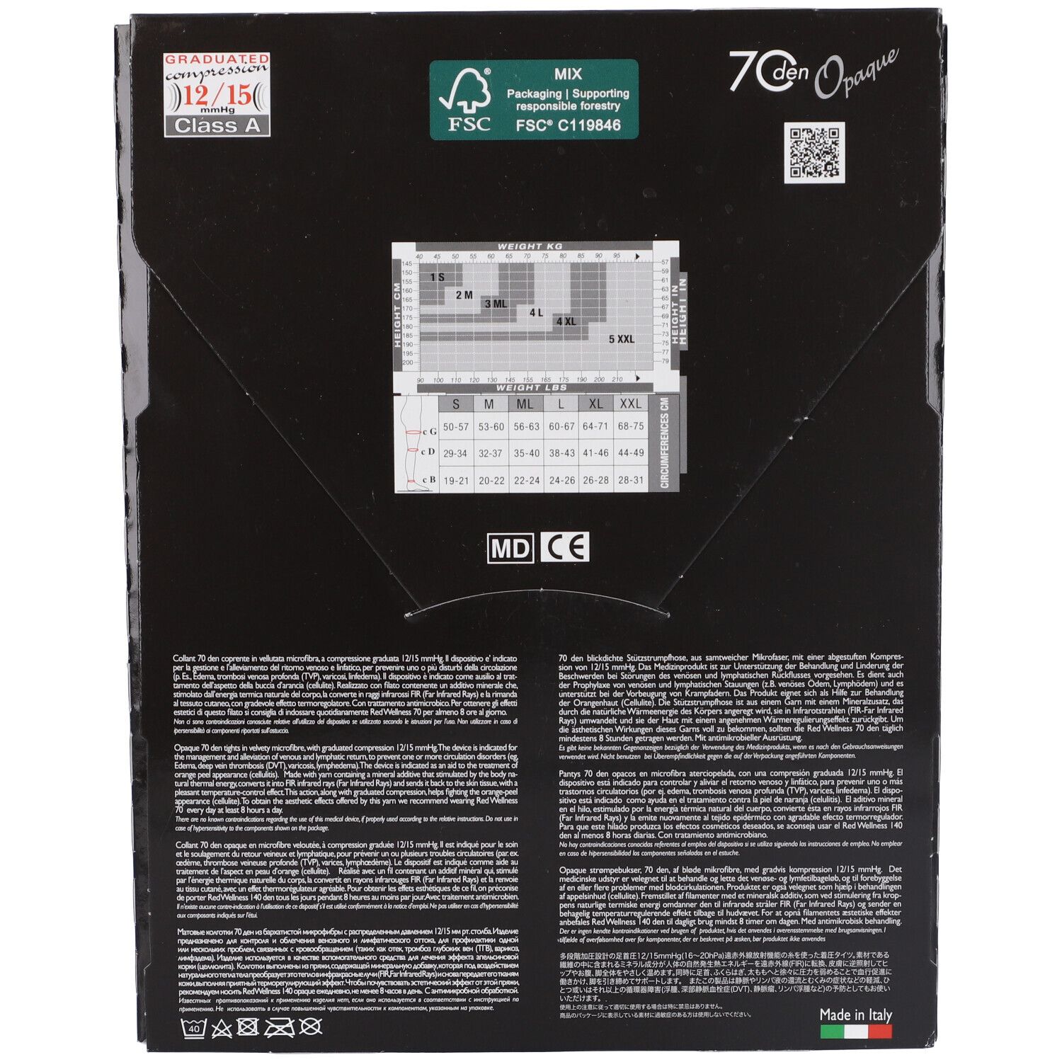 Rückseite der Verpackung der SOLIDEA® Red Wellness 70 opaque Kompressionsstrumpfhose. Mit Größentabelle und Text.