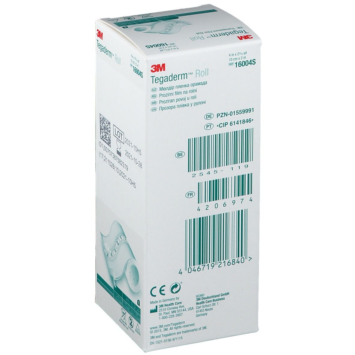 Scatola di 3M Tegaderm Roll. Numeri PZN, CIP, codice a barre e marchio CE.