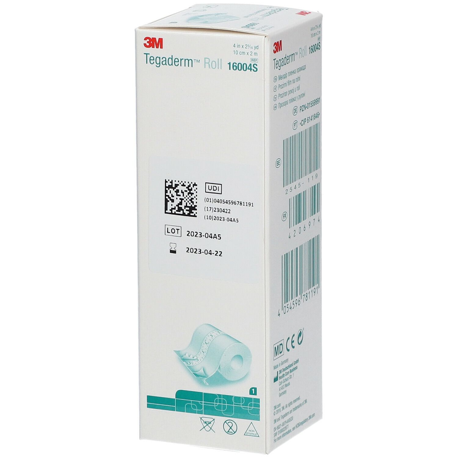 Scatola di 3M Tegaderm Roll. Codice UDI, numero di lotto e data di scadenza.