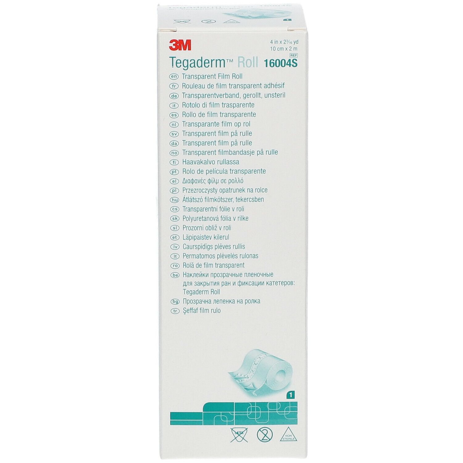 Scatola di 3M Tegaderm Roll. Nome del prodotto e testo multilingue.