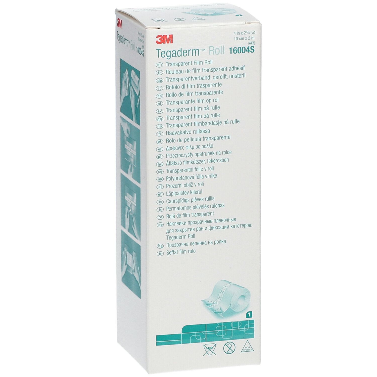 Scatola di 3M Tegaderm Roll. Nome del prodotto e testo multilingue.