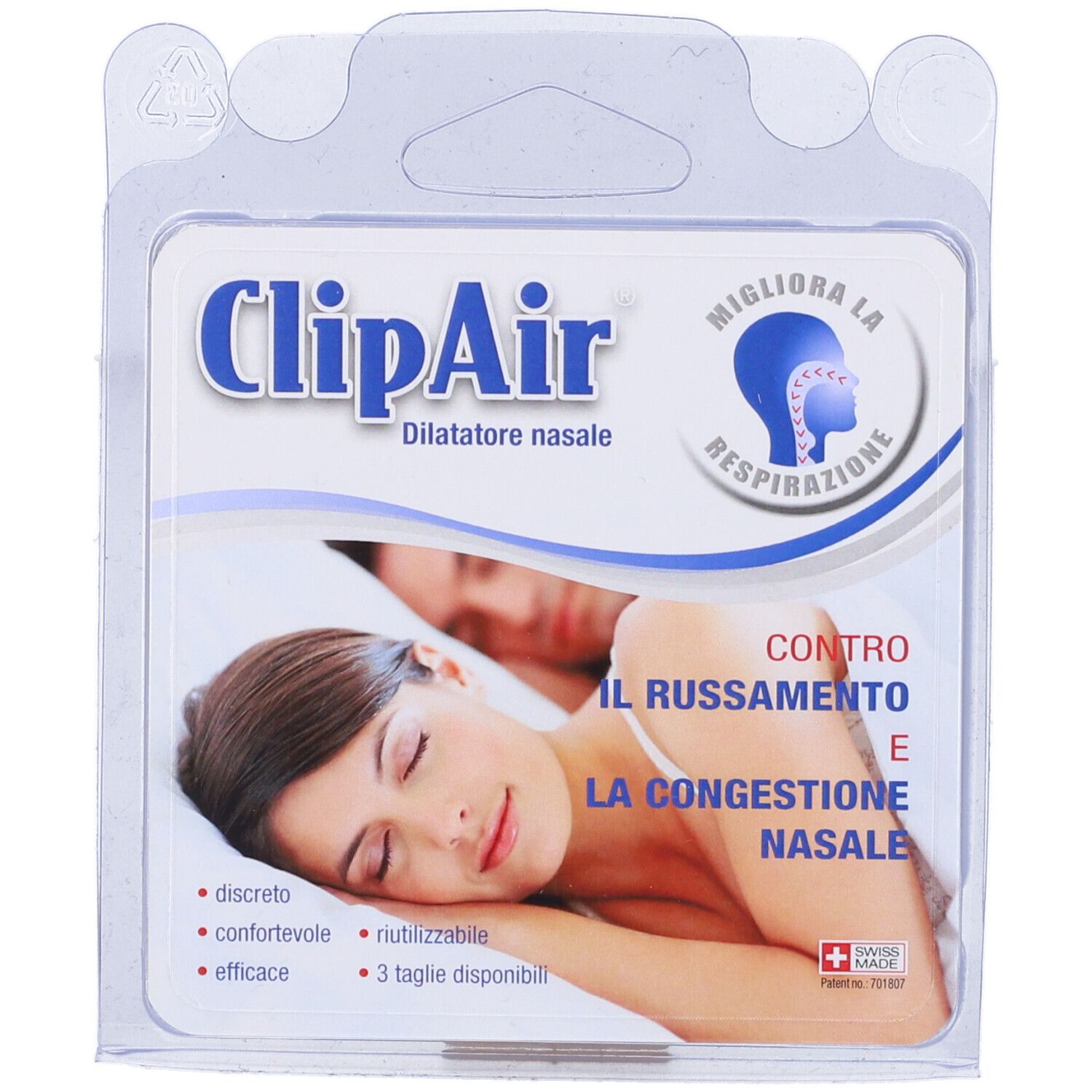 Confezione di dilatatore nasale ClipAir. Scritta contro il russamento e la congestione nasale. Qualità svizzera.