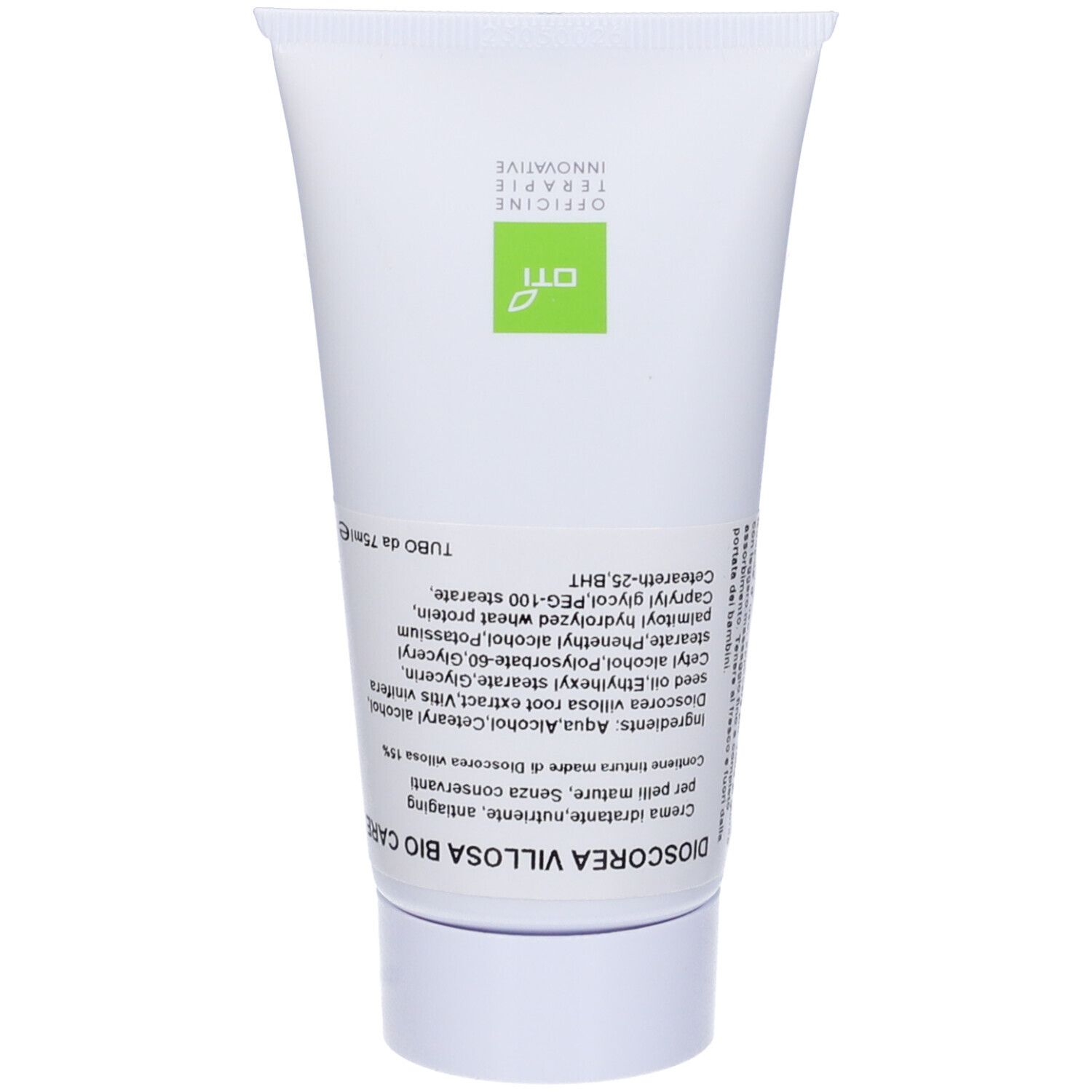 Tubo bianco con crema Dioscorea Villosa Bio Care. Testo e logo verdi. Ingredienti e testo in italiano.