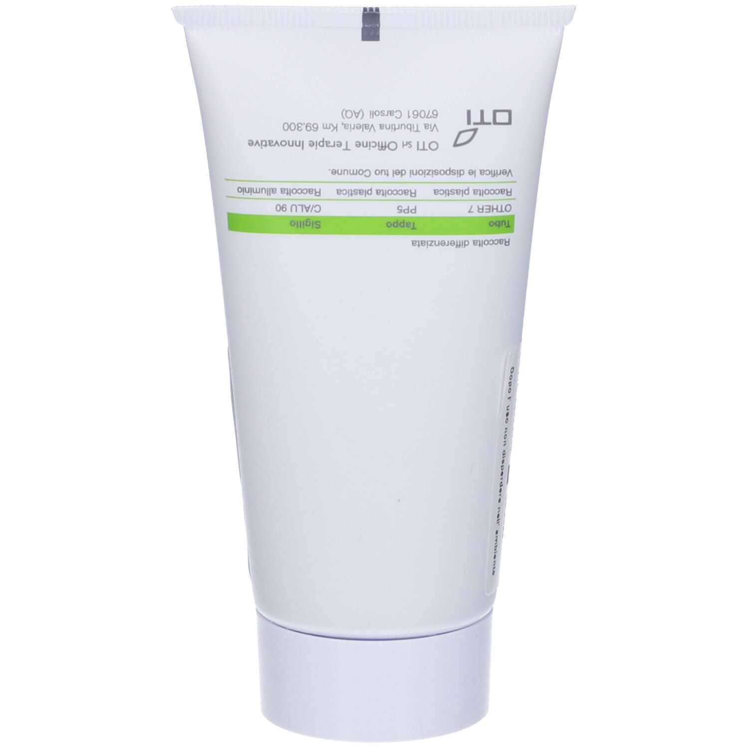 Tubo bianco con testo verde. Logo verde in alto. Testo in italiano. Indirizzo del produttore.