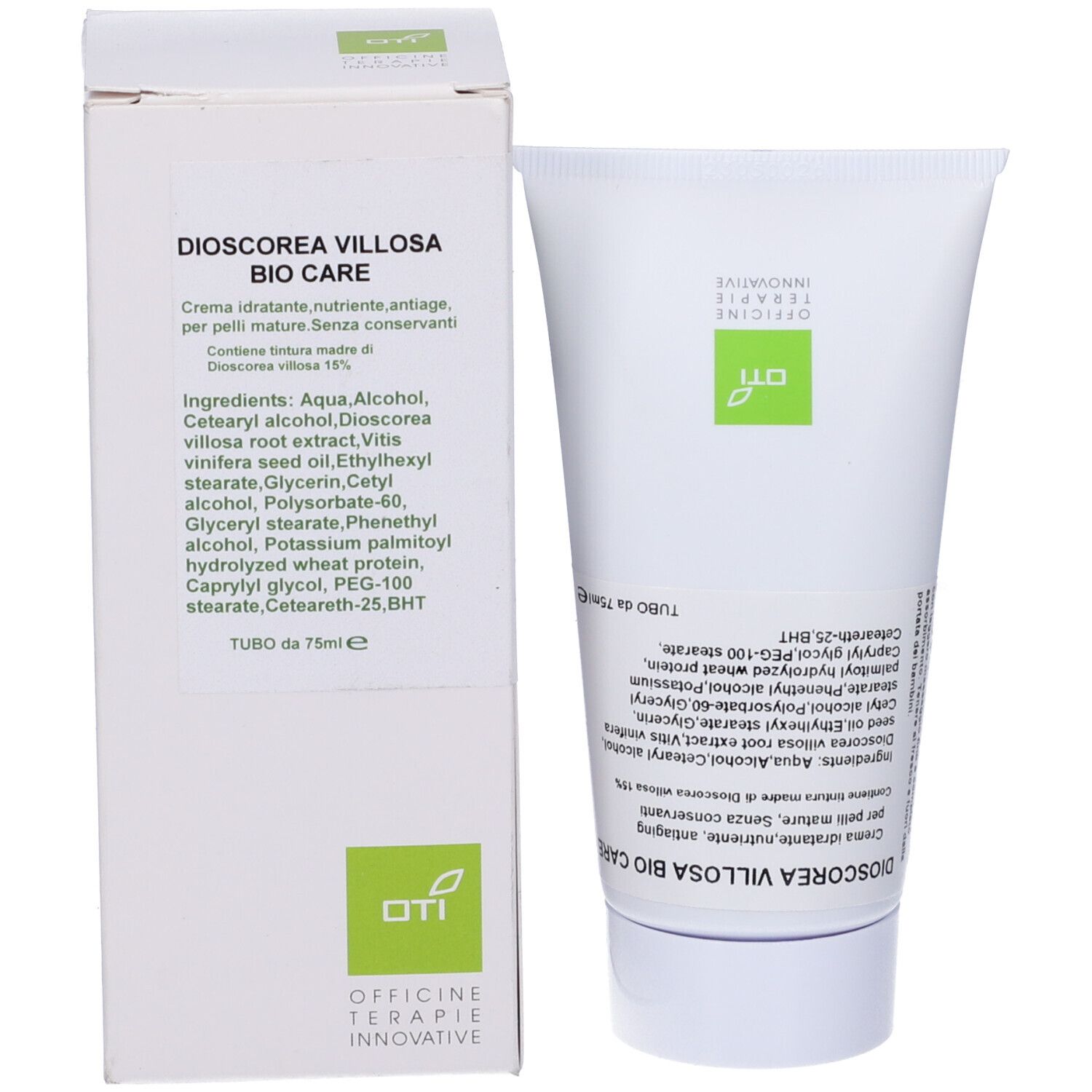 Tubo e scatola di crema Dioscorea Villosa Bio Care. Confezione bianca con testo verde. Testo in italiano.