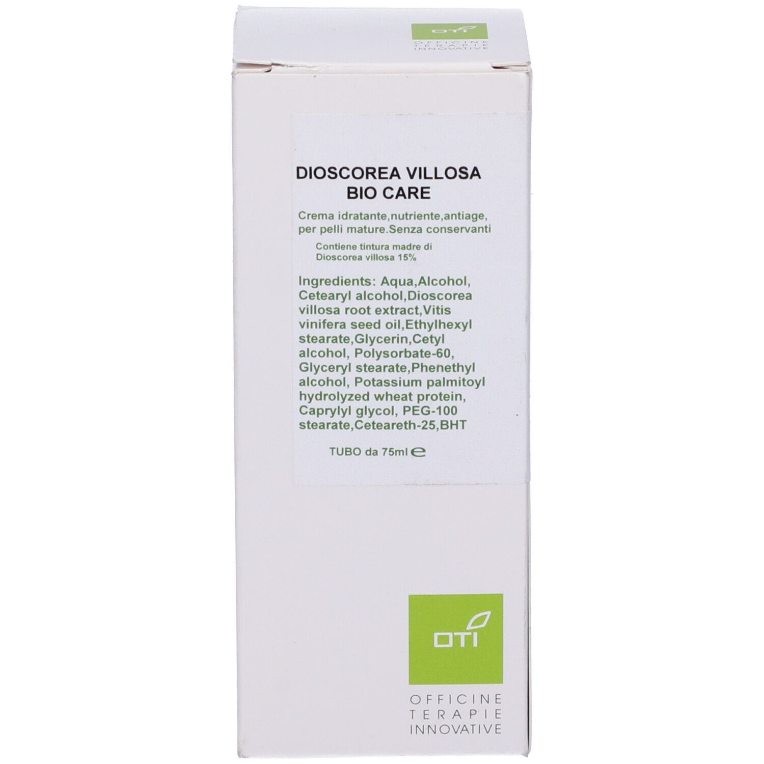 Scatola bianca con testo verde. Crema Dioscorea Villosa Bio Care. Testo in italiano. Logo.