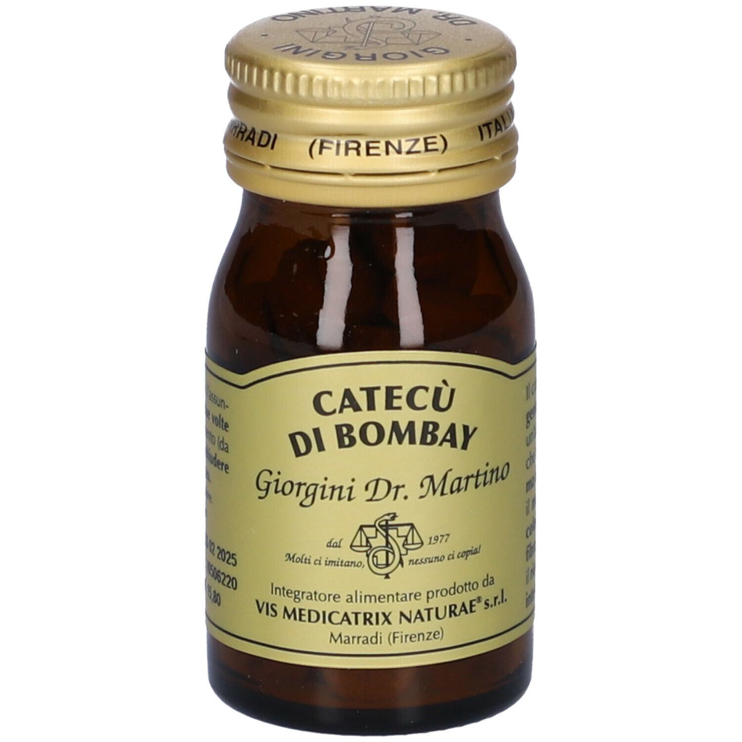 Bottiglia di vetro marrone con tappo dorato ed etichetta. Scritta: Catecù di Bombay, Giorgini Dr. Martino.