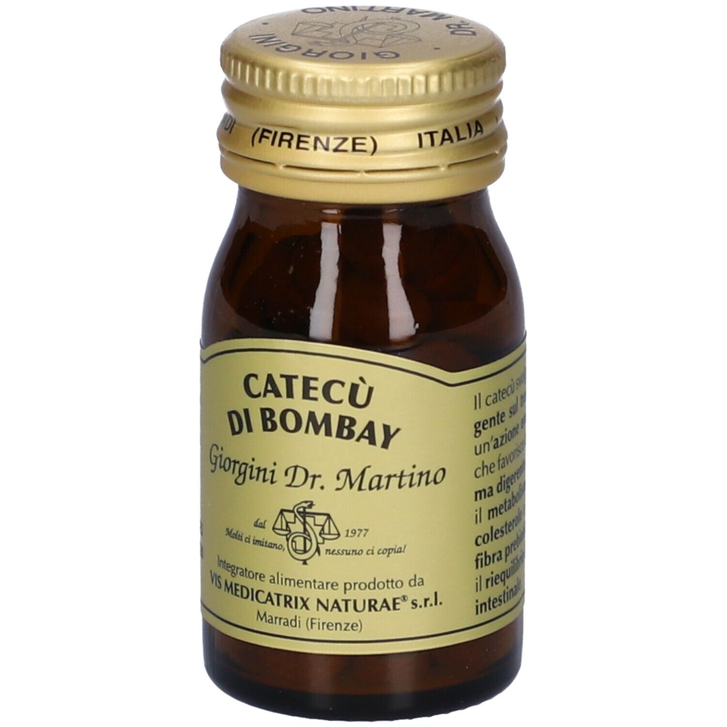 Bottiglia di vetro marrone con tappo dorato ed etichetta. Scritta: Catecù di Bombay, Giorgini Dr. Martino. Con informazioni.
