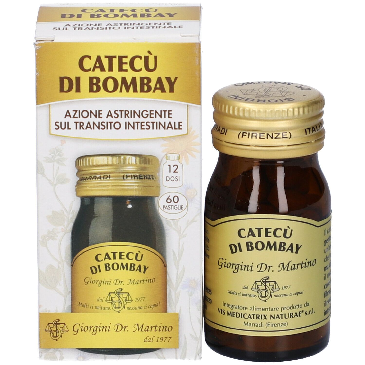 Bottiglia di vetro marrone con tappo dorato ed etichetta. Accanto, confezione del prodotto con stampa.