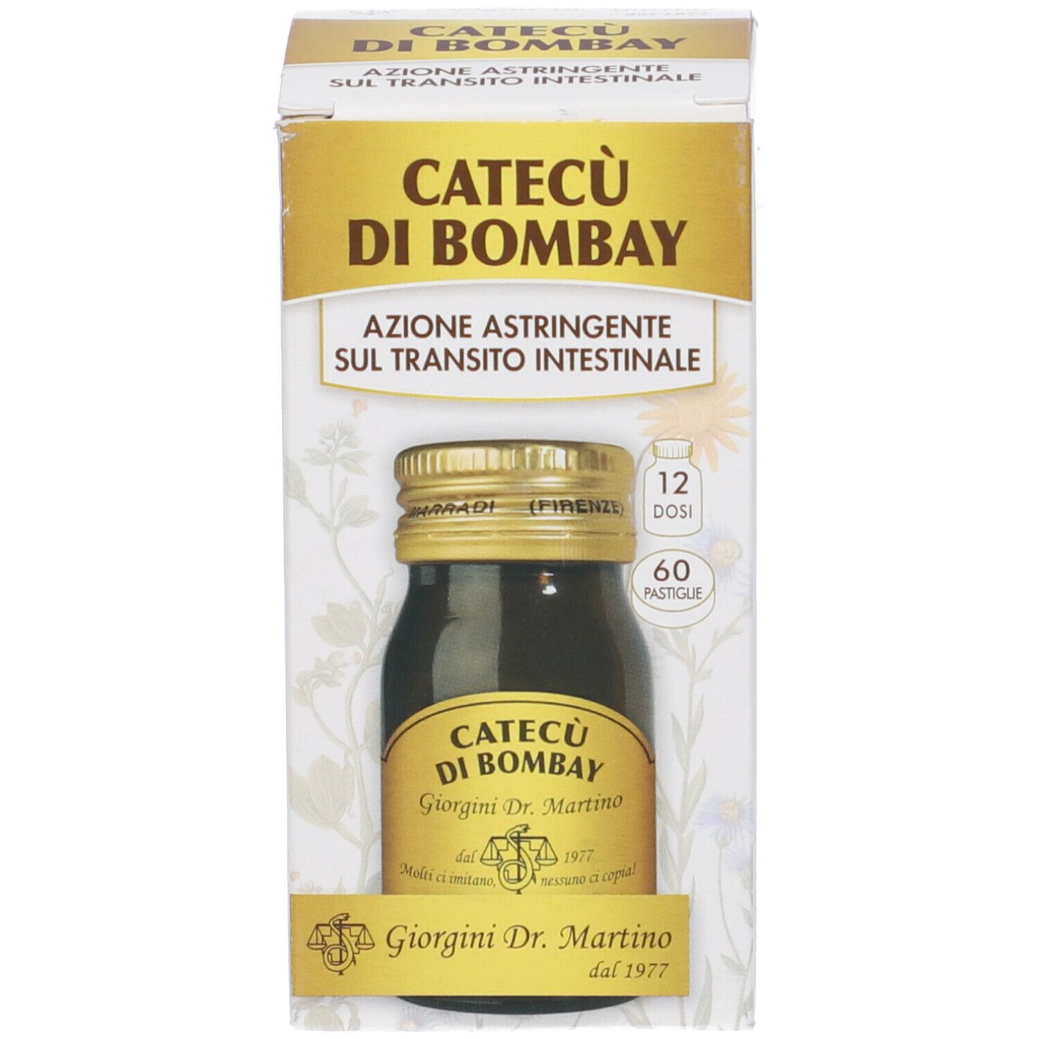 Confezione del prodotto e bottiglia di vetro marrone con tappo dorato ed etichetta. Scritta: Catecù di Bombay.