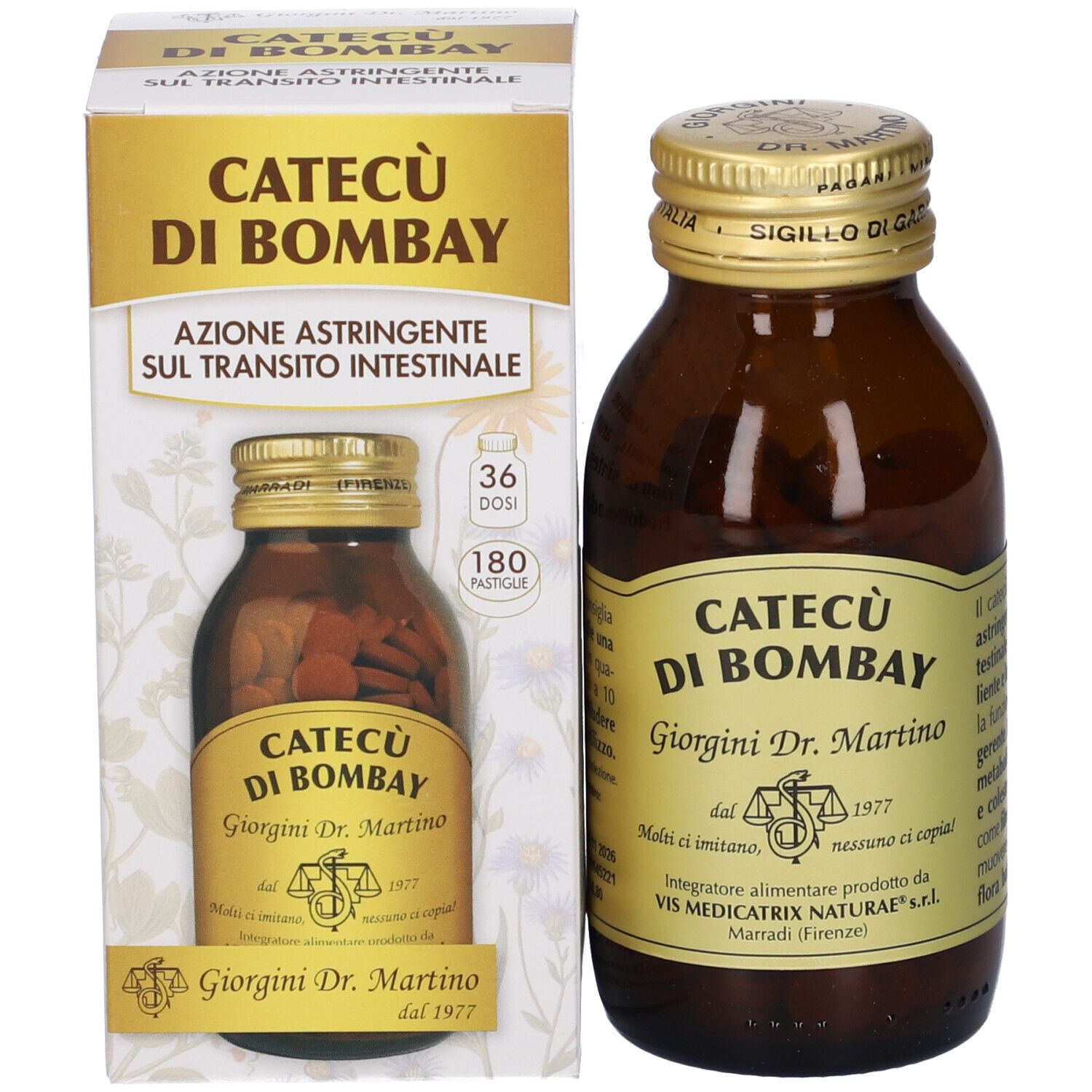Flacone in vetro marrone con tappo dorato ed etichetta. Accanto, scatola con nome e informazioni sul prodotto.