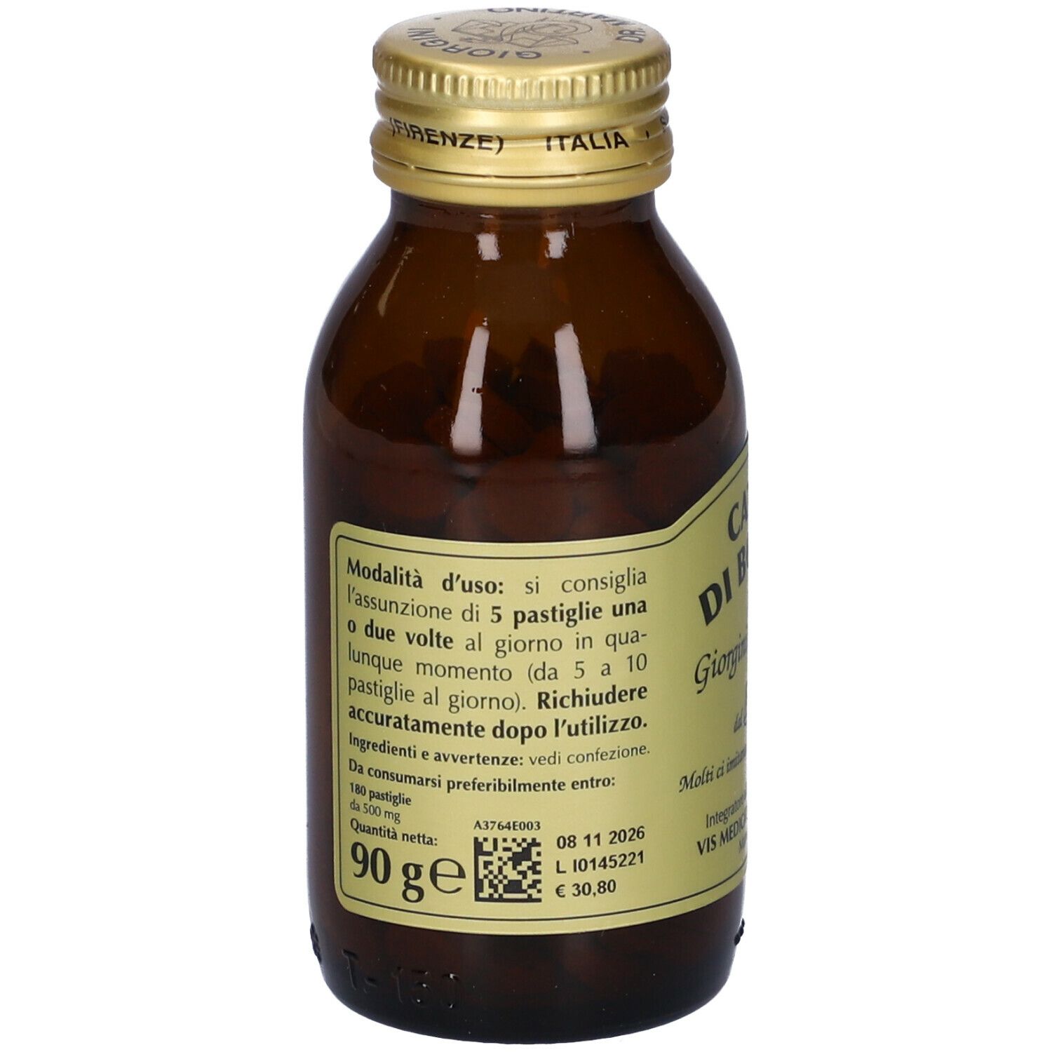Flacone in vetro marrone con tappo dorato. Retro con etichetta, testo e codice QR. Contenuto 90g.
