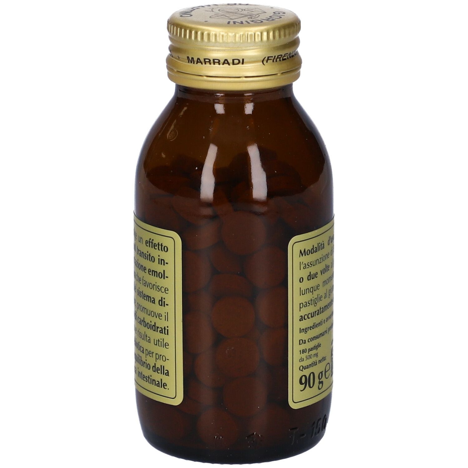 Flacone in vetro marrone con tappo dorato. Retro con etichetta e compresse. Contenuto 90g.
