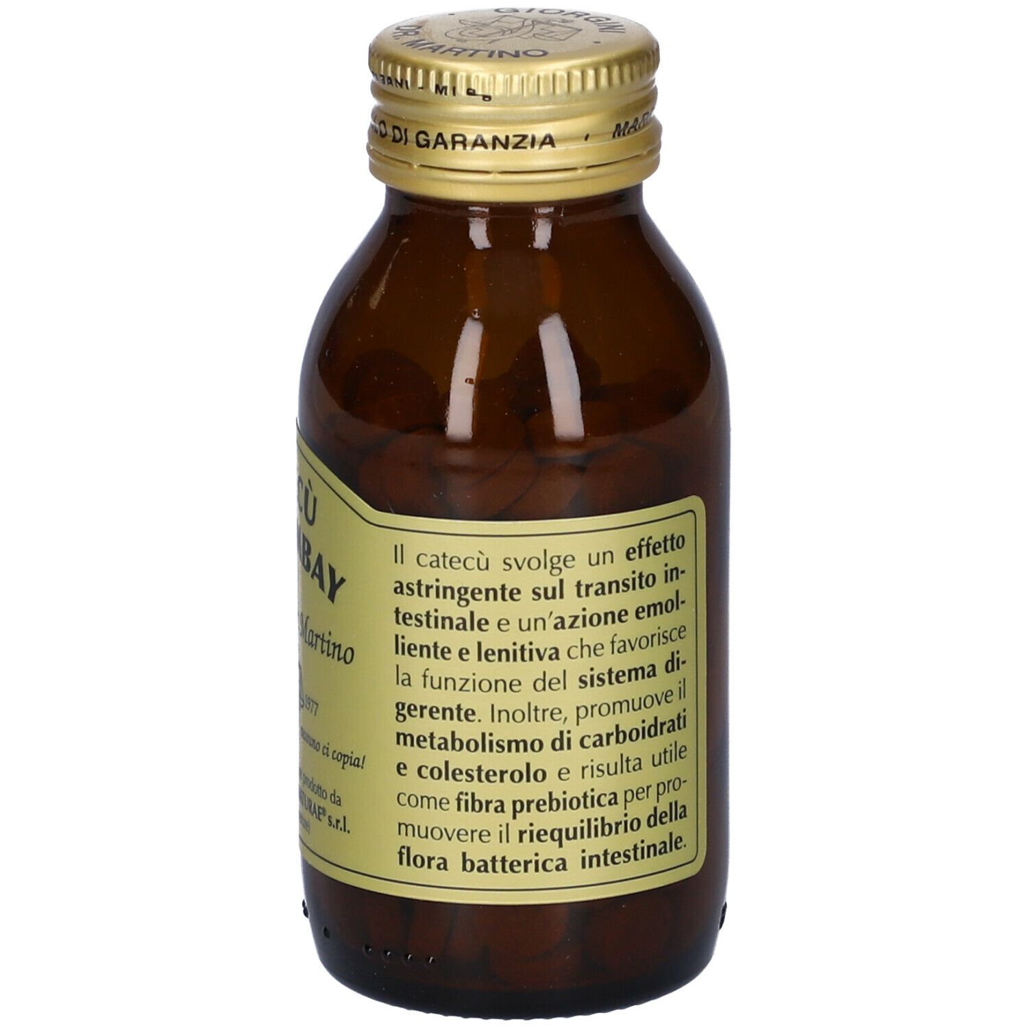 Flacone in vetro marrone con tappo dorato. Etichetta con testo. Contenuto 90g.