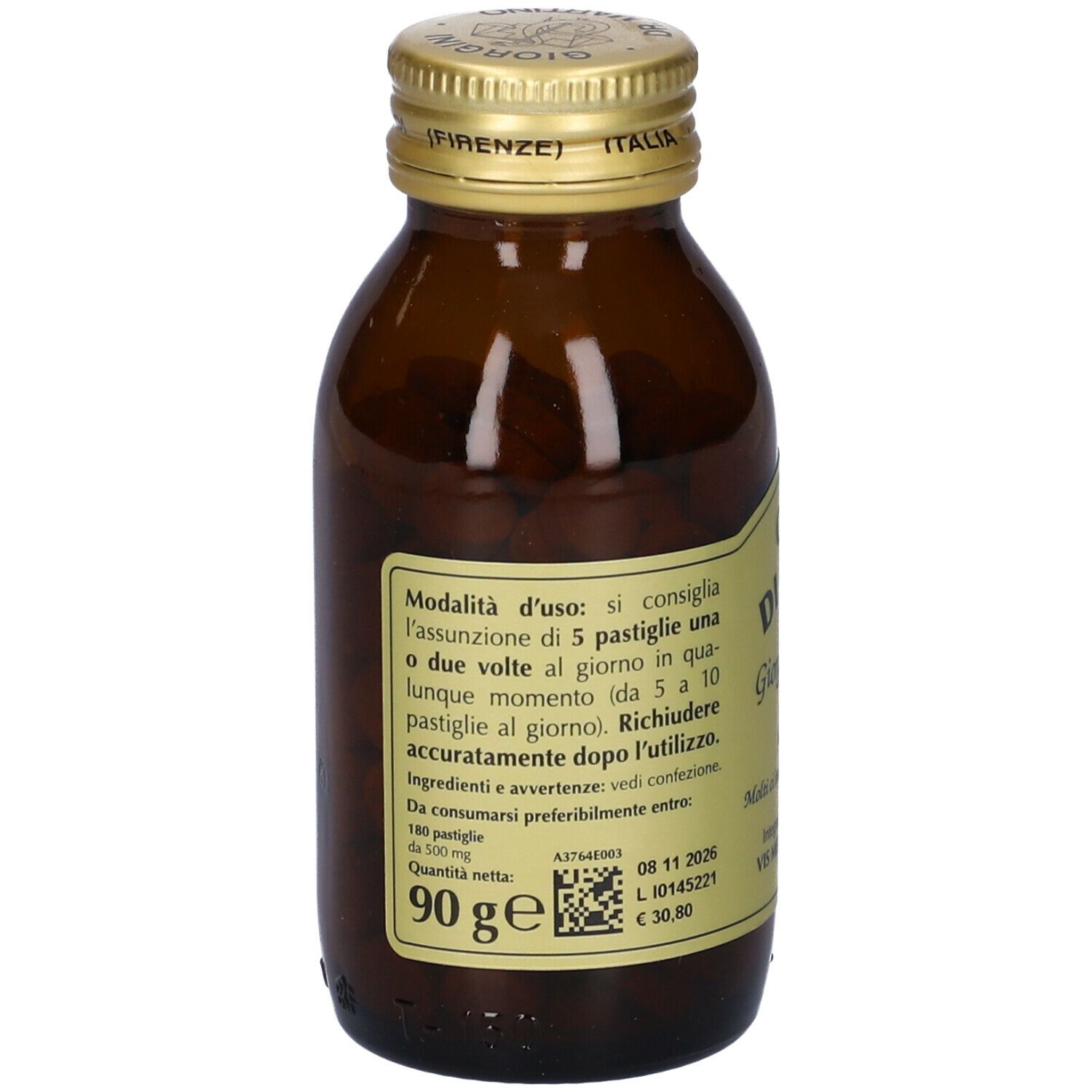 Flacone in vetro marrone con tappo dorato. Retro con etichetta e testo. 180 compresse, contenuto 90g.