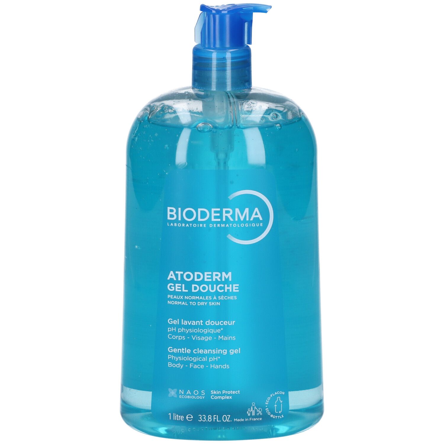 Bioderma Atoderm Gel Douche, 1 Liter Flasche mit Pumpspender, klare blaue Flüssigkeit.