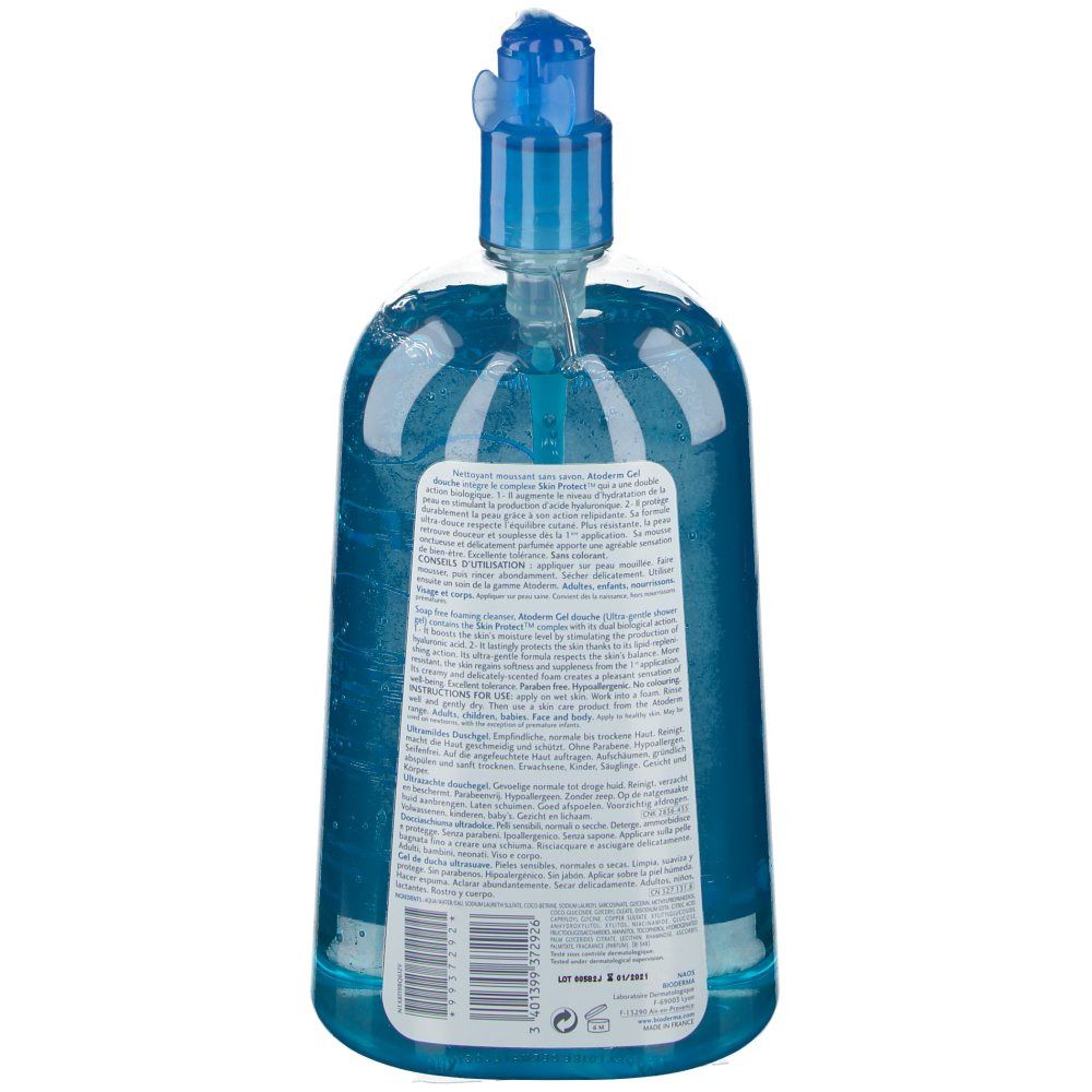 Retro di un flacone blu trasparente con dosatore. Testo e codice a barre sull'etichetta.