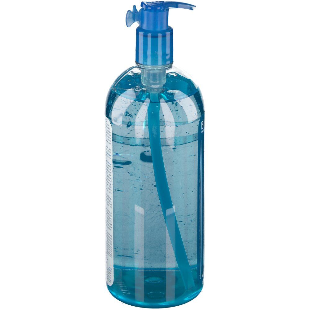 Flacone blu trasparente con dosatore. Liquido blu visibile. Testo sull'etichetta.