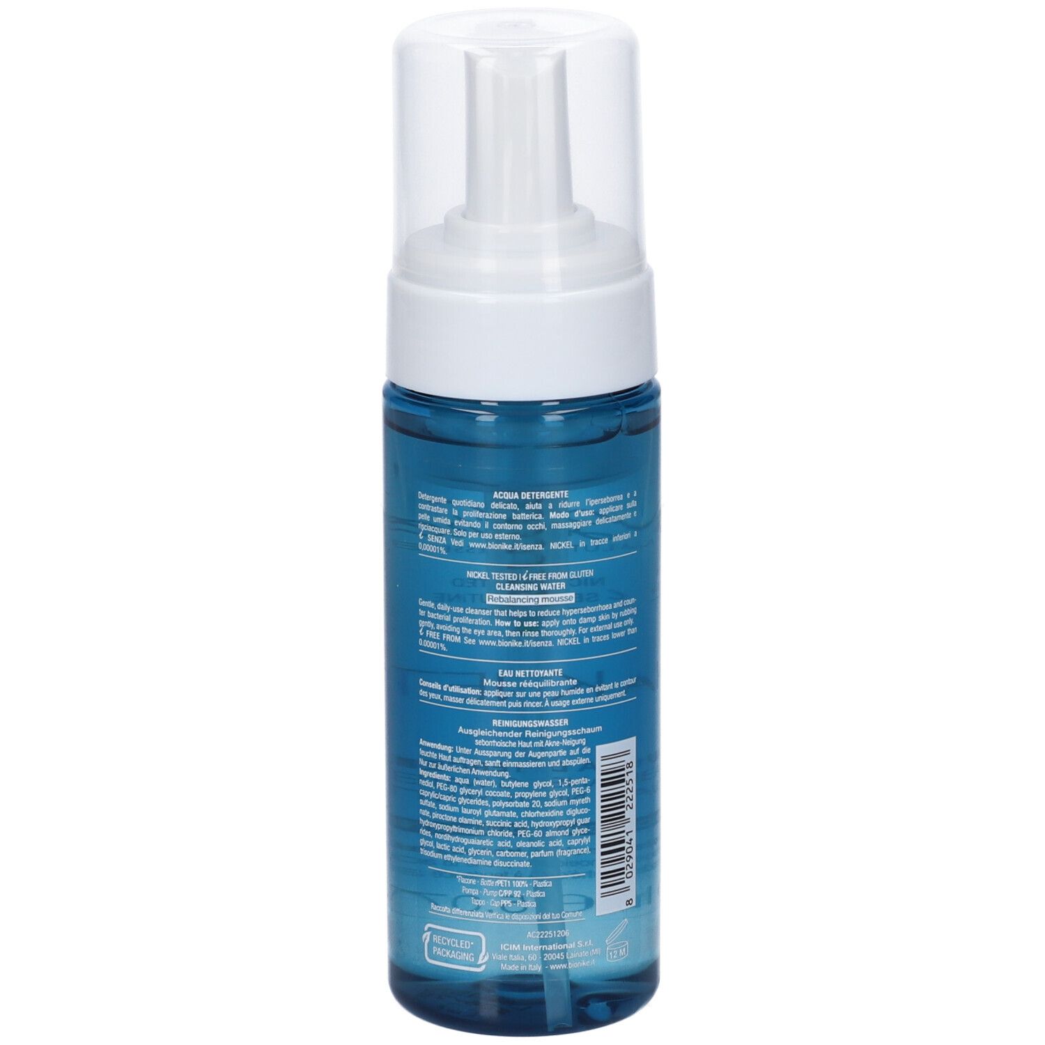 Flasche mit Pumpspender, gefüllt mit blauer Flüssigkeit. Etikett mit Produktinformationen.