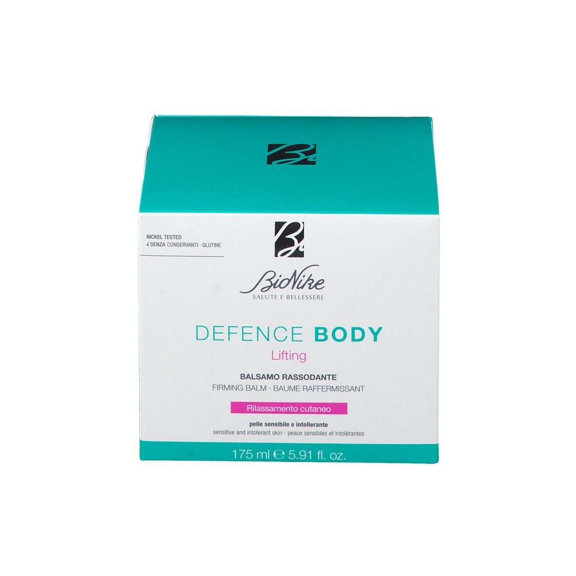 Produktverpackung. Weiß, türkis und rosa. Text: DEFENCE BODY Lifting, Balsamo rassodante, 175 ml, BioNike.
