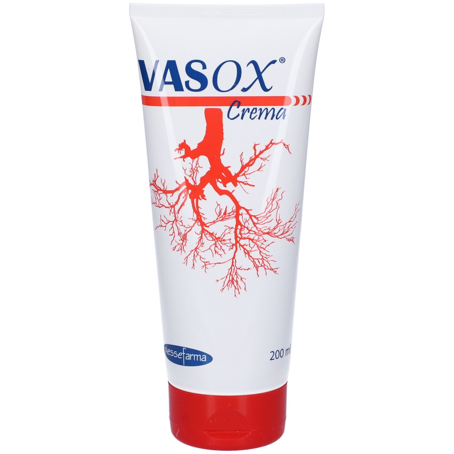 Tubo bianco con tappo rosso. Scritta VASOX Crema, logo rosso.