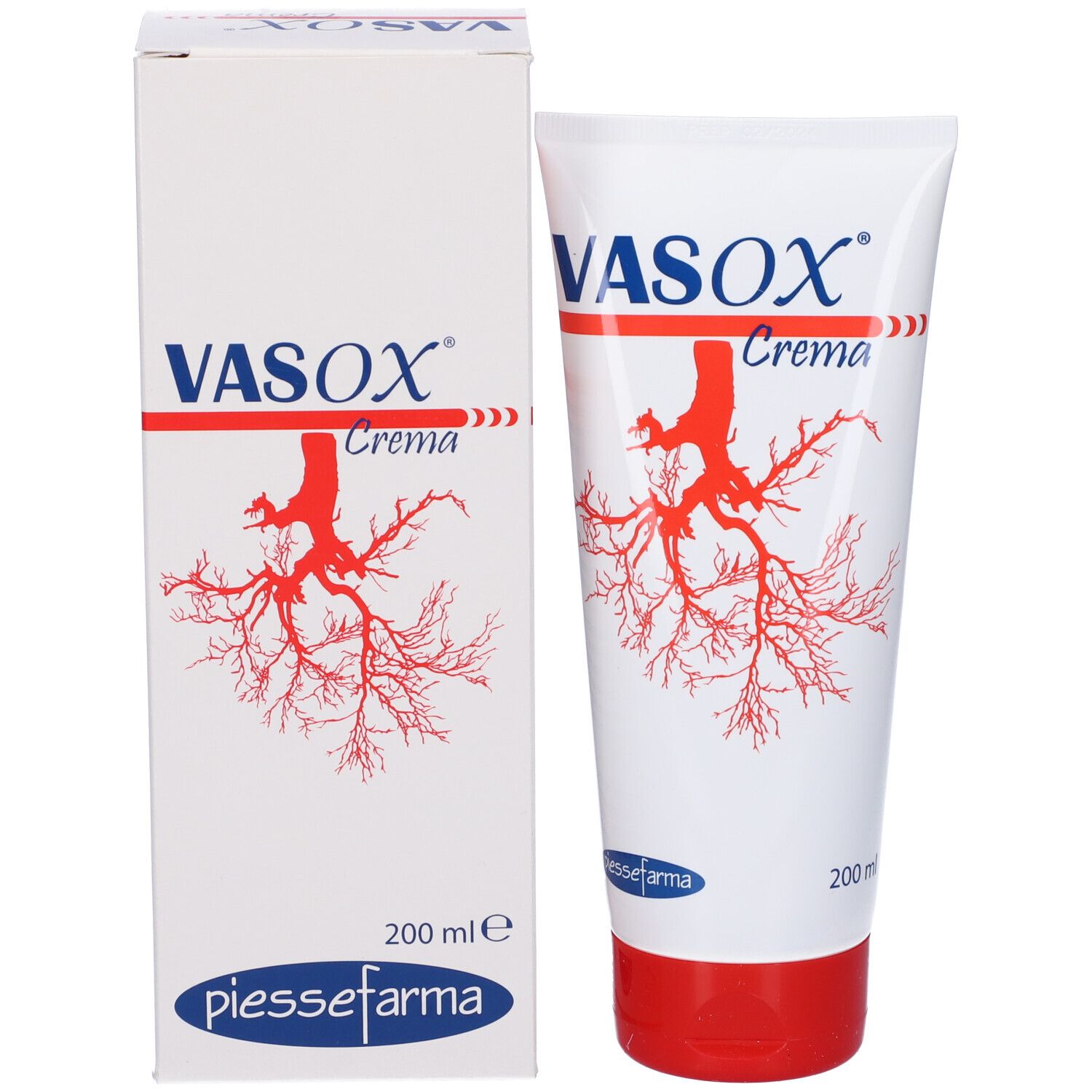 Tubo e scatola. Scritta VASOX Crema, logo rosso. Confezione bianca.