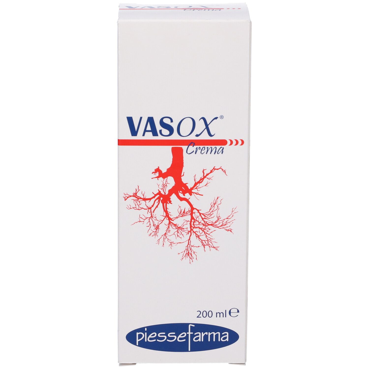 Scatola. Scritta VASOX Crema, logo rosso. Confezione bianca.
