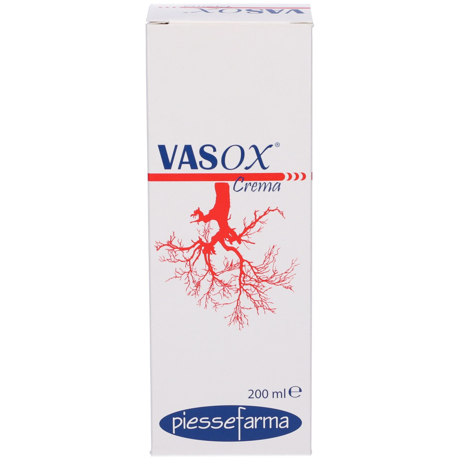 Scatola. Scritta VASOX Crema, logo rosso. Confezione bianca.