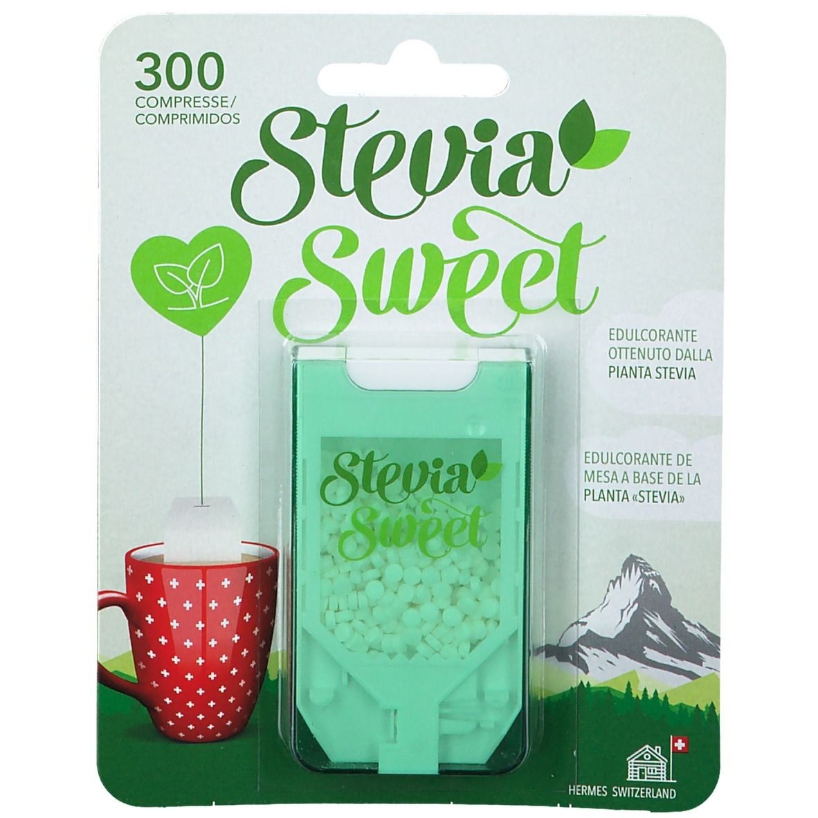 Hermesetas Stevia Sweet, 300 Tabletten. Grün-weiße Verpackung mit Produktabbildung und Text. Herz- und Blatt-Illustrationen.