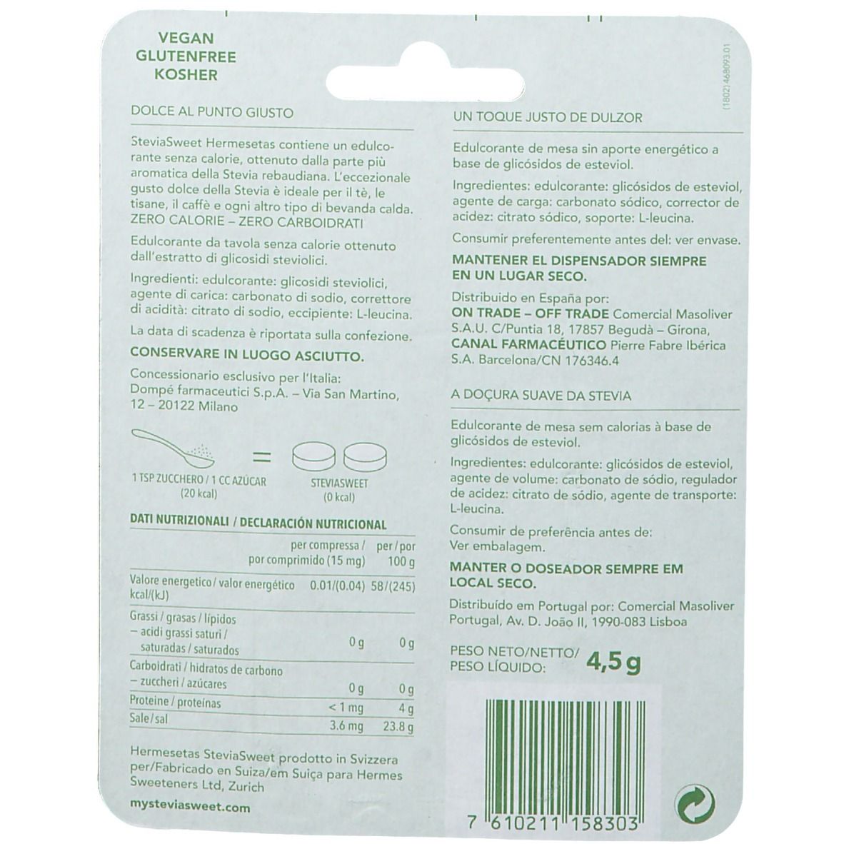 Rückseite der Hermesetas Stevia Sweet Verpackung. Text in mehreren Sprachen. Enthält Nährwertangaben, Inhaltsstoffe und Herstellerinformationen.