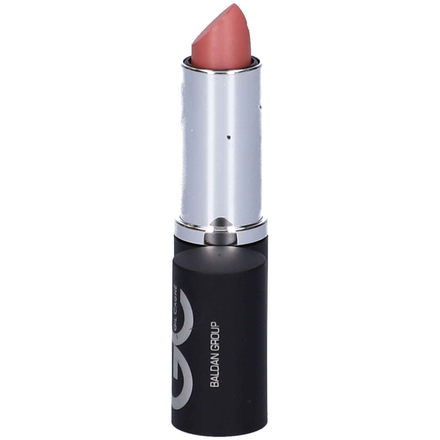Rossetto rosa chiaro, anello argentato, astuccio nero. Testo sull'astuccio.