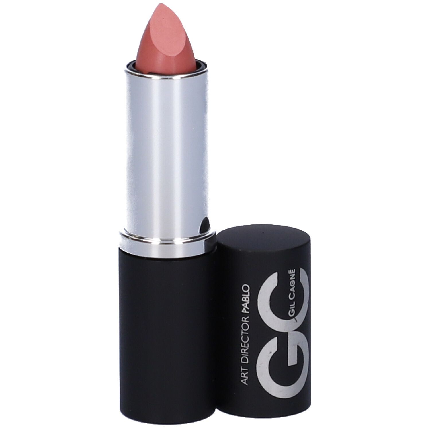 Rossetto rosa chiaro, anello argentato, astuccio nero. Tappo con testo.
