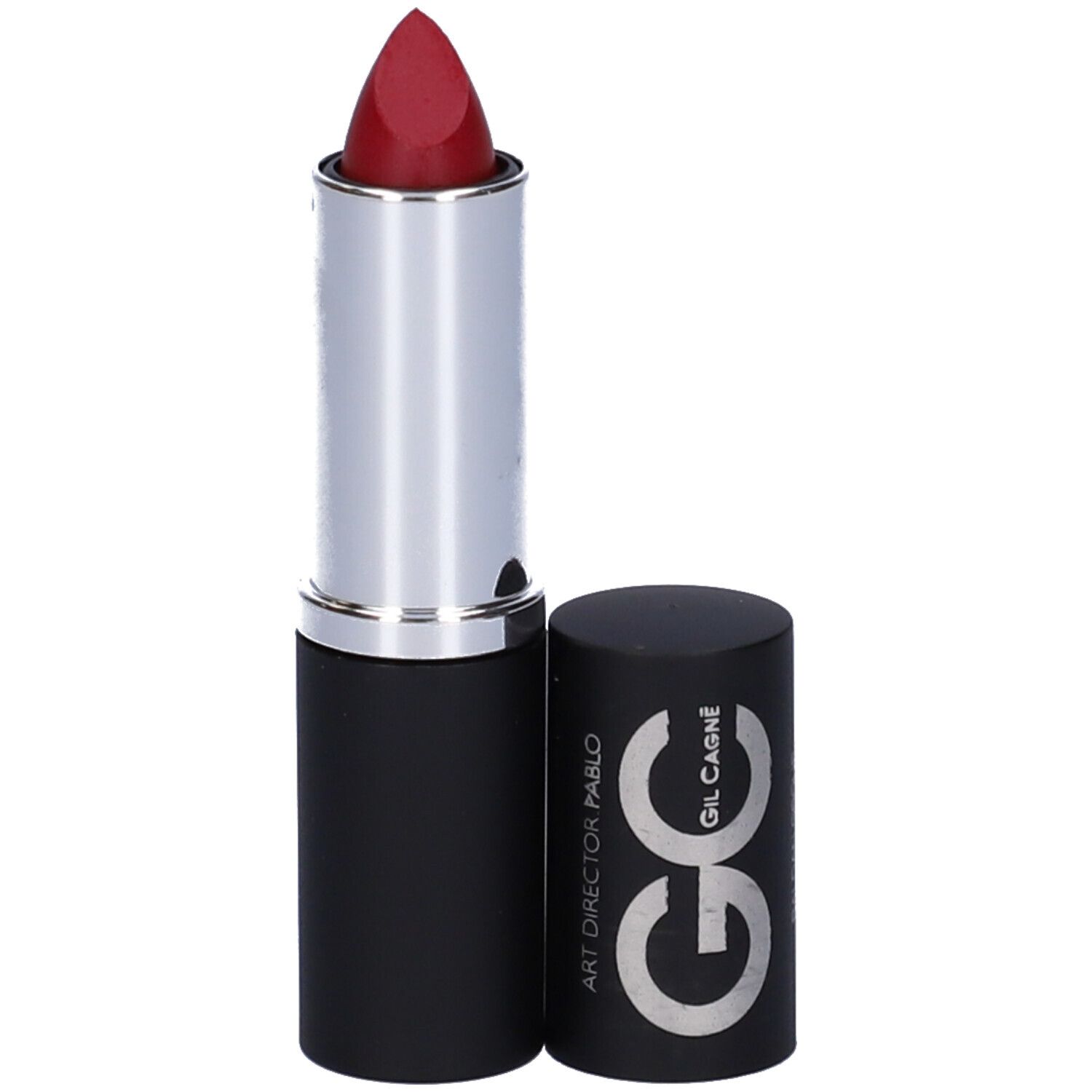 Rossetto rosso con astuccio nero e anello argentato. Tappo con logo e scritta. Aperto.