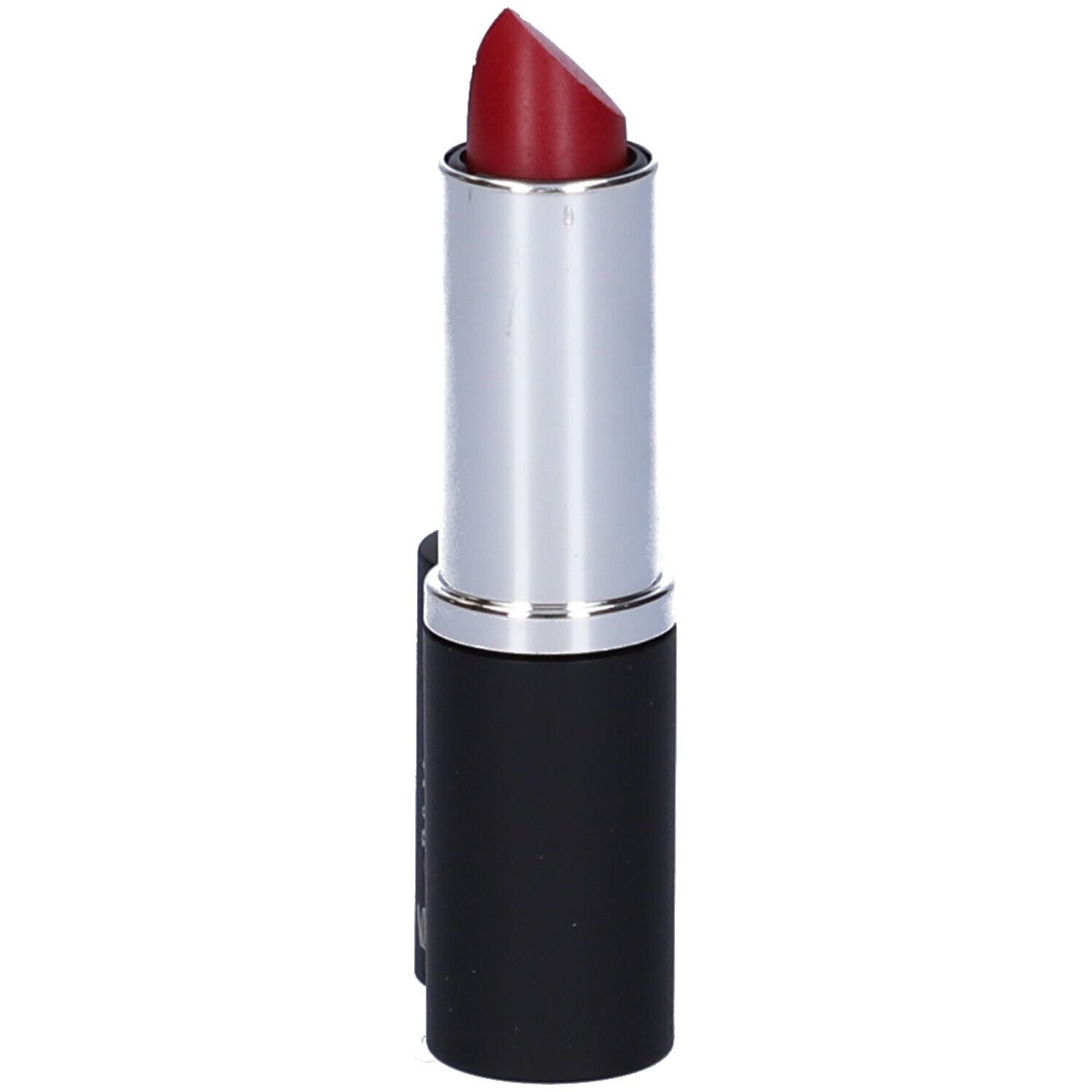Rossetto rosso con astuccio nero e anello argentato. Chiuso.