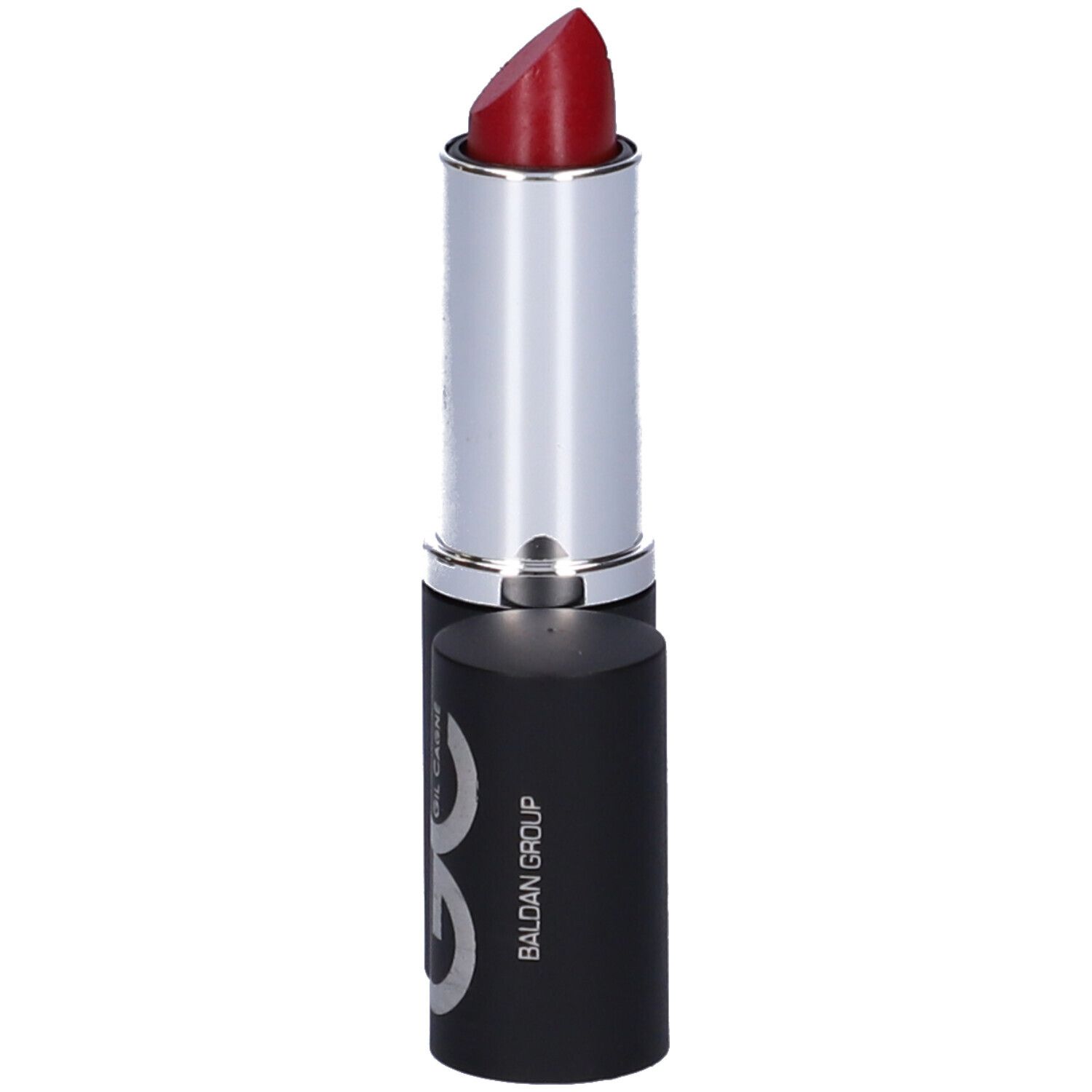 Rossetto rosso con astuccio nero e anello argentato. Tappo con scritta. Aperto.