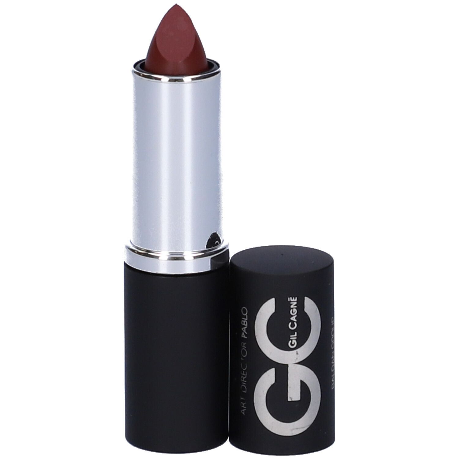 Rossetto con astuccio argentato e cappuccio nero. Il cappuccio è rimosso, mostrando il marchio GC.