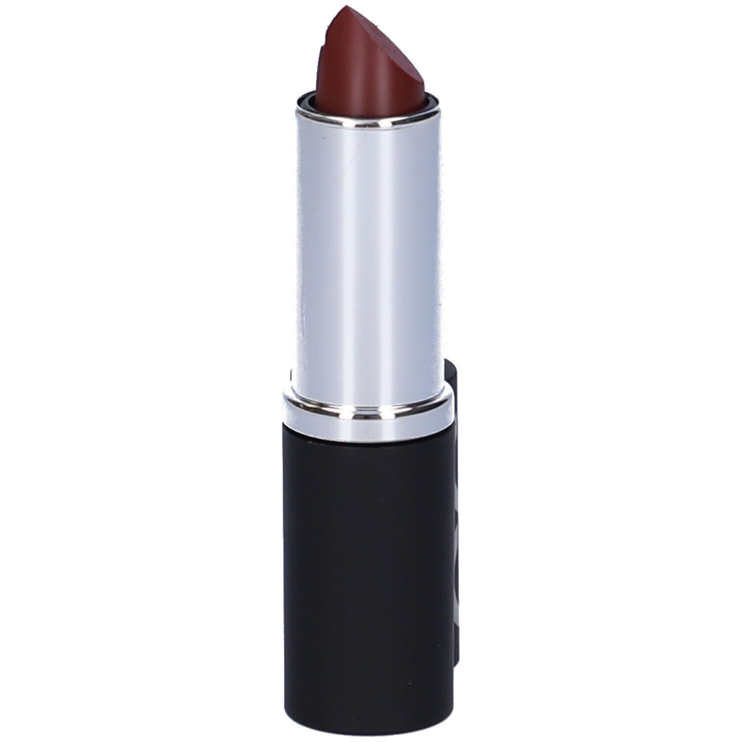 Rossetto con astuccio argentato e punta marrone. Il rossetto è parzialmente estratto.