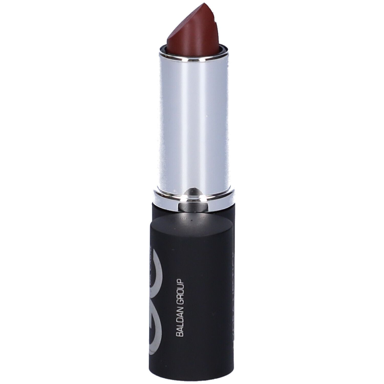 Rossetto con astuccio argentato e cappuccio nero. Sul cappuccio c'è scritto 'GC' e 'BALDAN GROUP'.