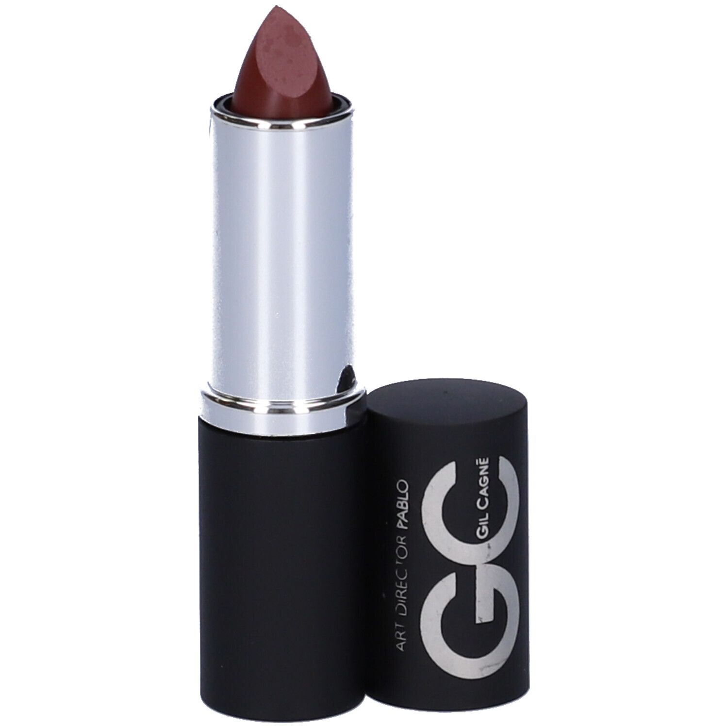 Rossetto con astuccio argentato e cappuccio nero. Sul cappuccio c'è scritto 'GC' e 'ART DIRECTOR PABLO'.