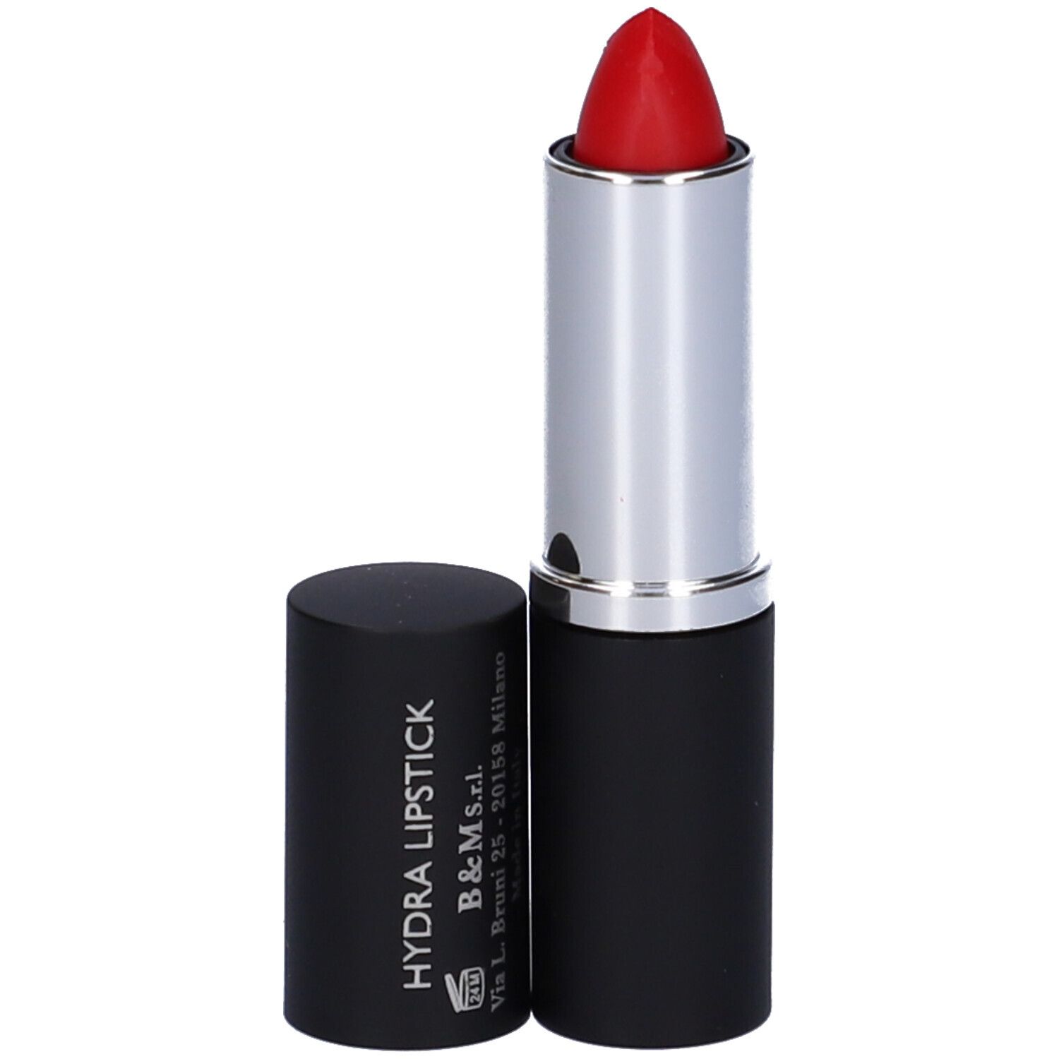 Rossetto rosso in astuccio nero con anello argentato. Sul tappo c'è scritto "HYDRA LIPSTICK" e "B&M S.r.l."